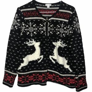 RARE J. JILL Fair Isle Christmas Wool Reindeer Sweater Zip Cardigan SP Holiday